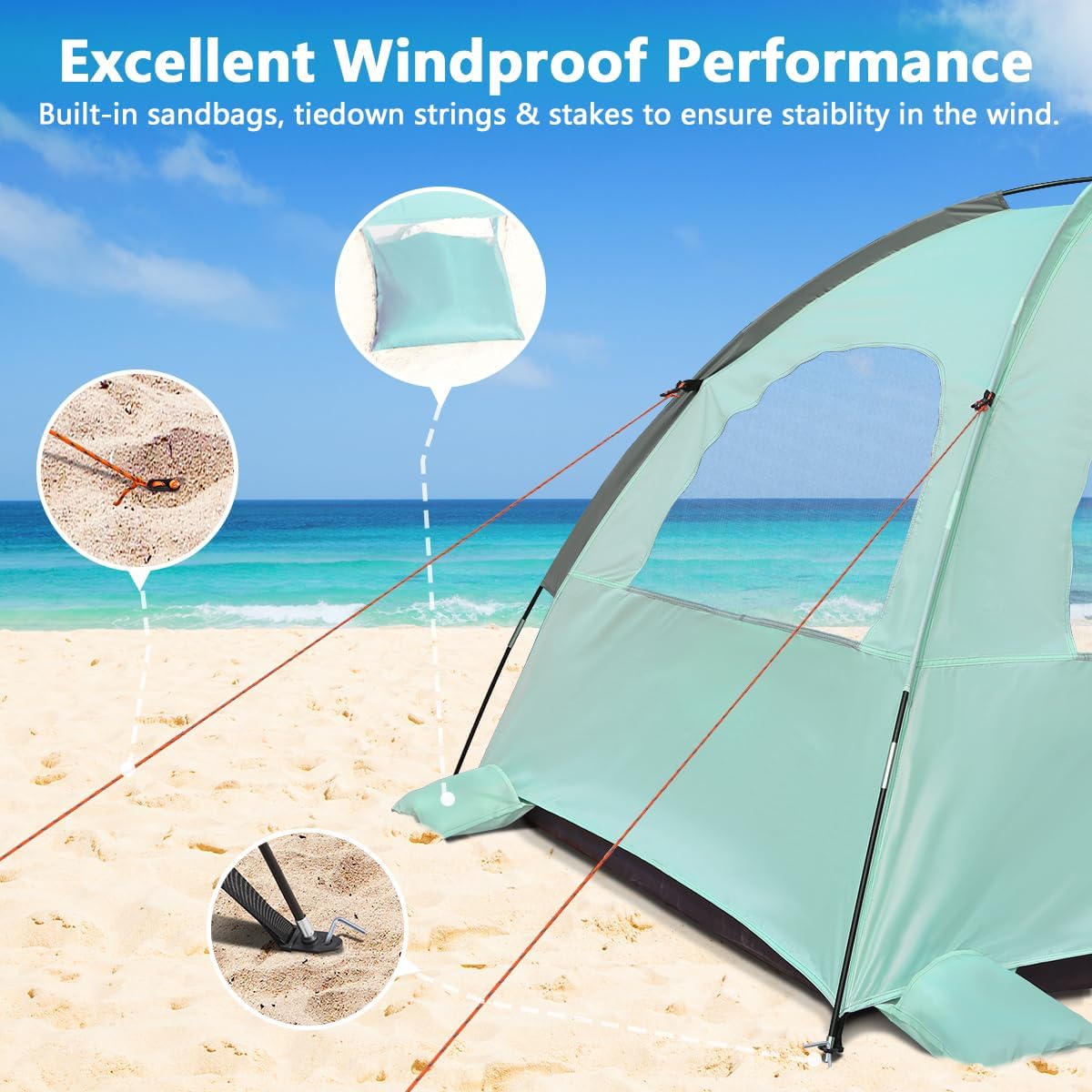 NXONE Beach Tent Sun Shade Shelter for 3/4/6 Person Person with UV Protection, Extended Floor, 3 Mesh Roll Up Windows & 8.0/8.5mm Fiberglass Rods丨Carry Bag Included
