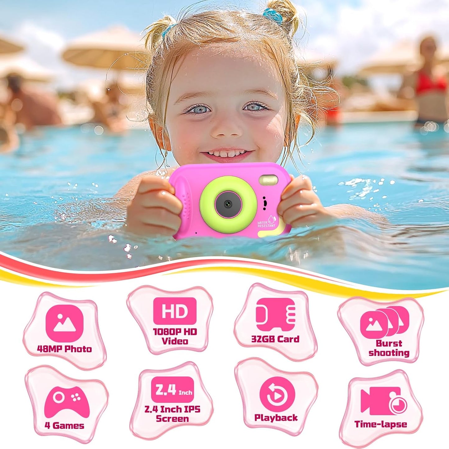 Kids Camera Waterproof, IP68 Underwater Camera for Kids Aged 3-12, HD Kids Digital Camera with 1080P Video Recording, Durable ABS Material, Pool Toys for Boys Girls with 32GB Card (Pink)
