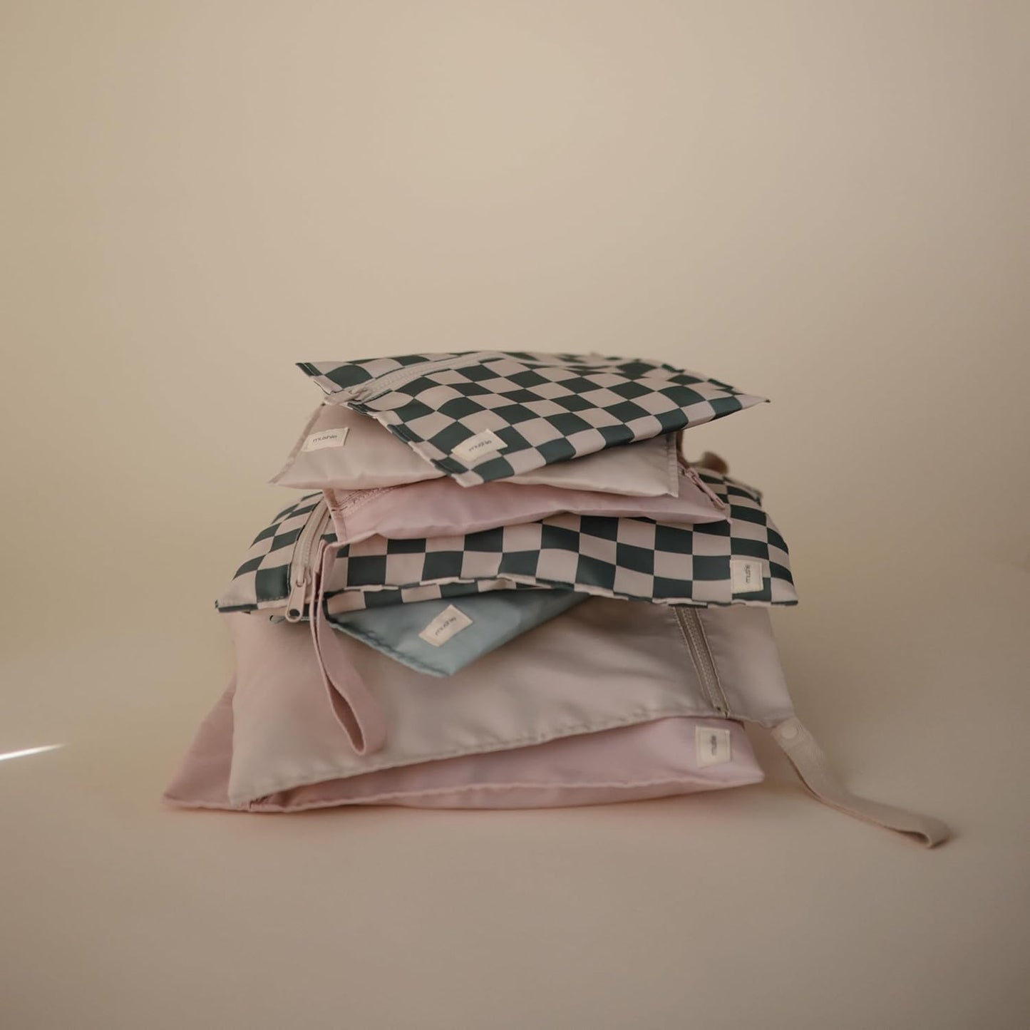 mushie Water Resistant Wet Bags | Large & Small Reusable Storage Bag for Baby Items and Travel | Zippered Pockets with Handle | Machine Washable, Set of 2 (Olive Check)