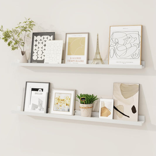 Picture Ledge Shelf, Solid Pine Wood Floating Shelves Set of 2, 36 Inches Nursery Book Shelves for Toys Storage, Kids Bookshelf Wall Mounted for Living Room Bedroom Decor Books Photo Frames, White