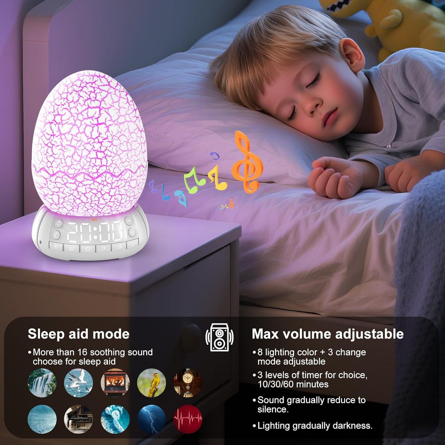 Dragon Egg Alarm Clock with Sunrise Simulation, Wireless Bluetooth Speaker, Portable Touch Control Dragon Egg Night Light, 20 Soothing Sounds, Unique Gift for Kids Adults, Home Desk Decor