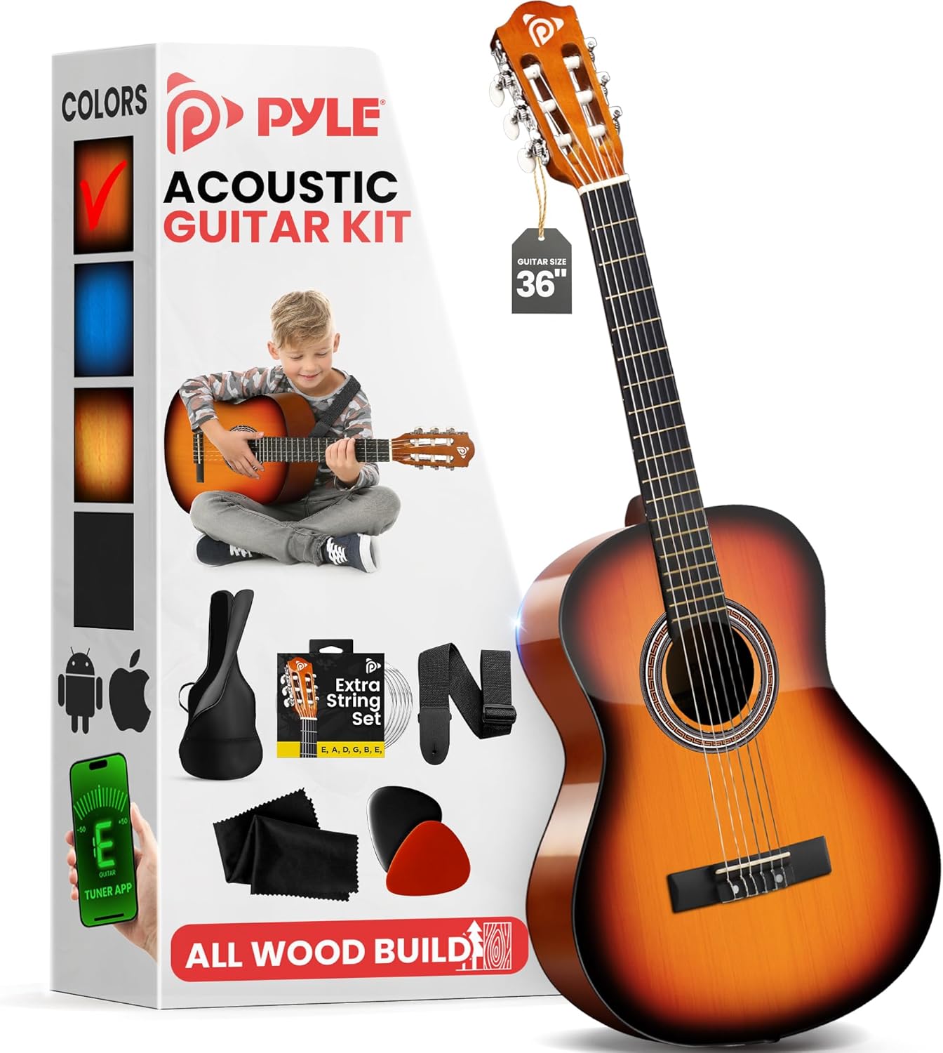 Pyle Beginner Acoustic Guitar Kit, 3/4 Junior Size All Wood Build Nylon Stringed Instrument with Strap, Extra String Set, Gig Bag, Guitars for Beginners Adults Youth, 36" Sunburst Gloss