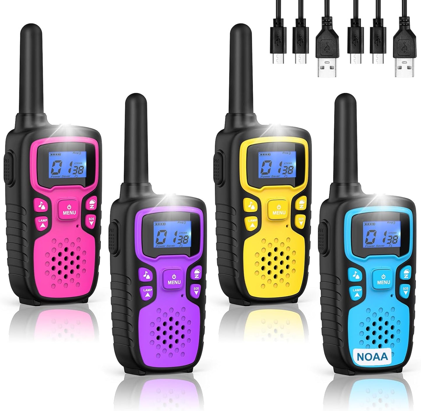 Wishouse Walkie Talkies for Kids Rechargeable Long Range,Xmas Birthday Gift for 4 5 6 7 8 9 Year Old Boys Girls,Hiking Gear Camping Games Cool Toys with NOAA,SOS Siren,Lamp,Lanyards,Easy to Use,4 Pack