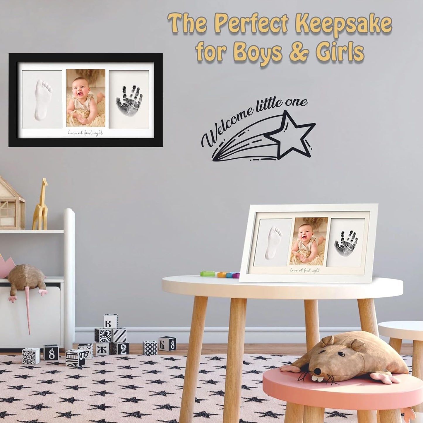 Baby Hand and Footprint Kit Keepsake Nursery Decor Picture Frame for New Mom Baby Boys Girls Shower Gifts Personalized Inkless & Clay Handprint Newborn Essentials Must Haves (Black)