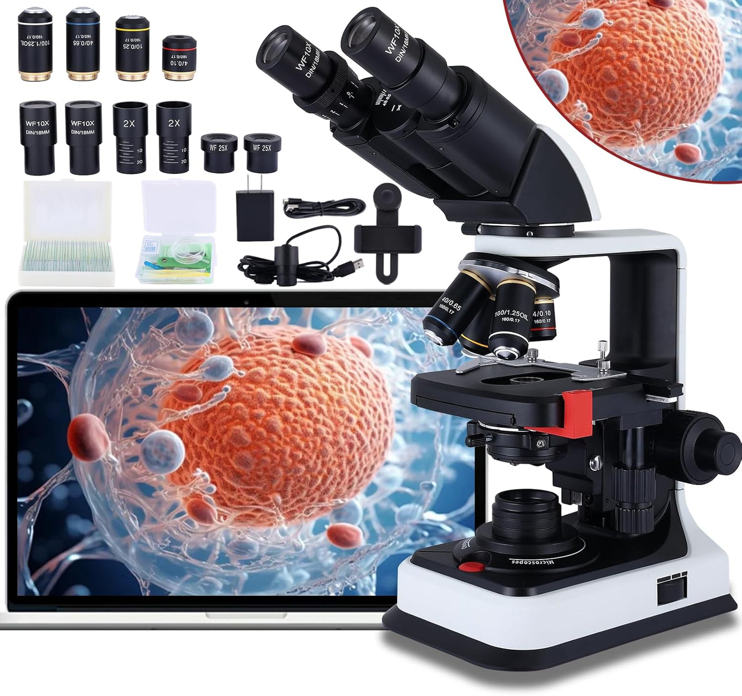40X-2500X Microscope Laboratory Microscope for Adults with LED, Double 3D Mechanical Stage, Abbe Spotting Scope for Students Children Adults Laboratory Education Science Doppelt Tisch