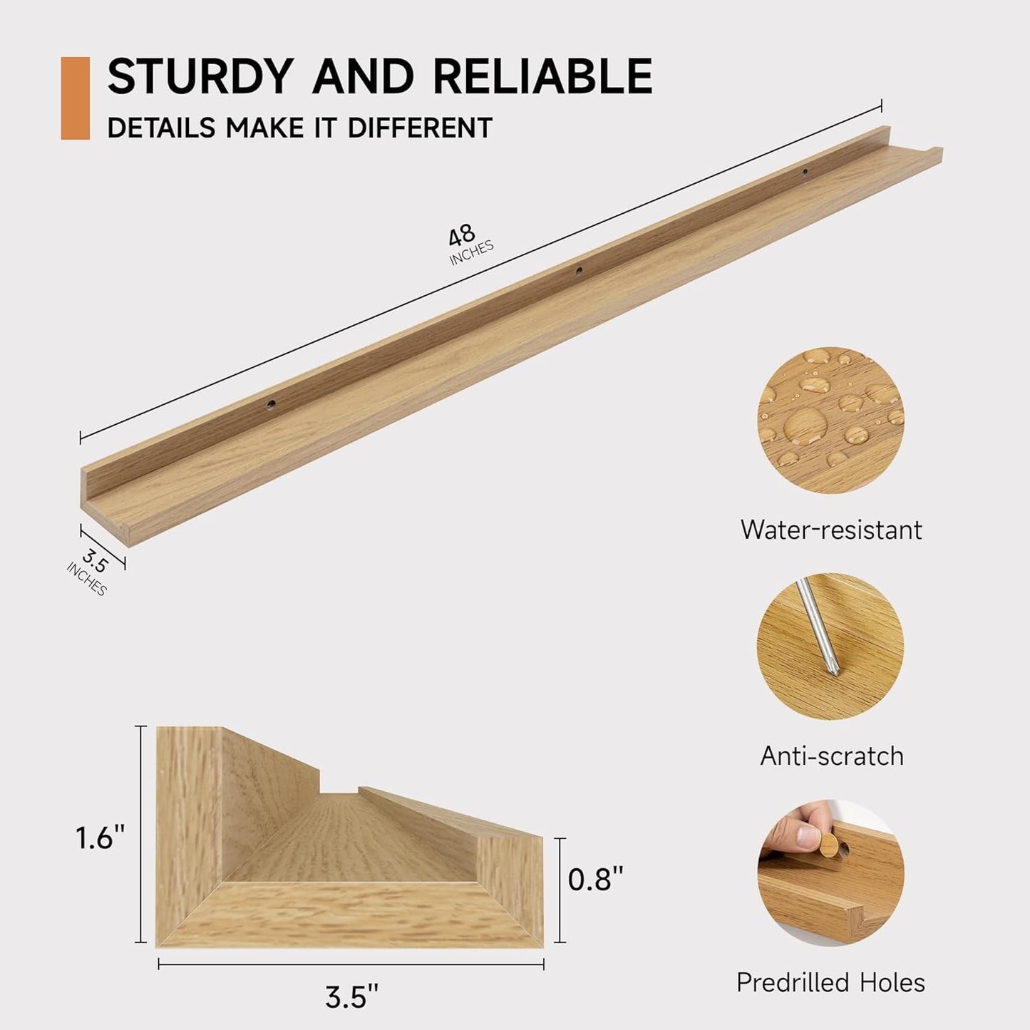 Fun Memories Picture Ledge Shelf, 48 Inch Floating Shelves Set of 2, Large Nursery Book Shelves for Toys Storage, Kids Bookshelf Wall Mounted for Wall Decor Books Photo Frames, Oak