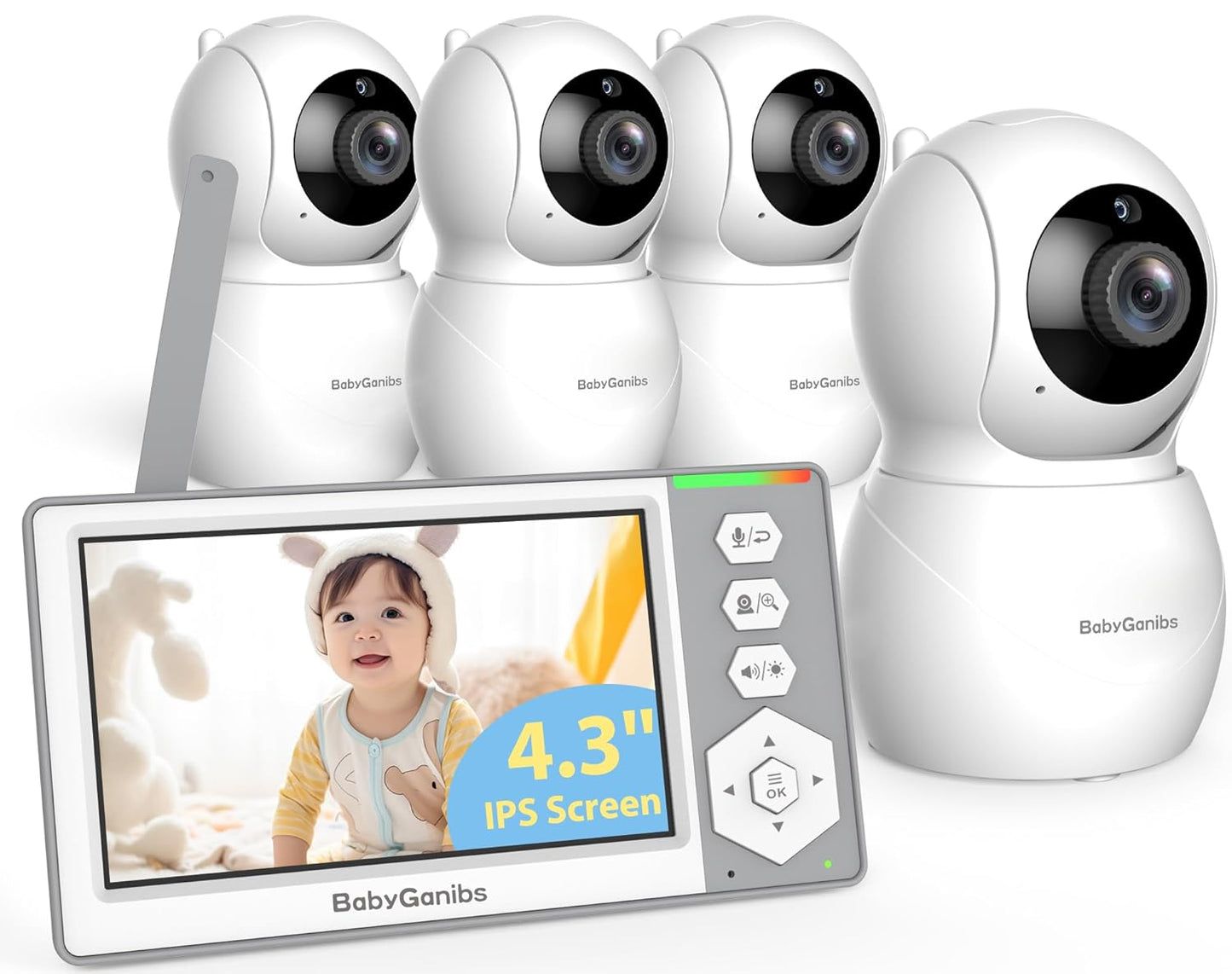 Baby Monitor with 4 Cameras Standby for 23-Hour Battery, Remote Control 4.3'' IPS Video Baby Monitor No WiFi Up to 1000ft Range, ECO, Night Vision, Temperature, 2-Way Talk, 8 Lullabies