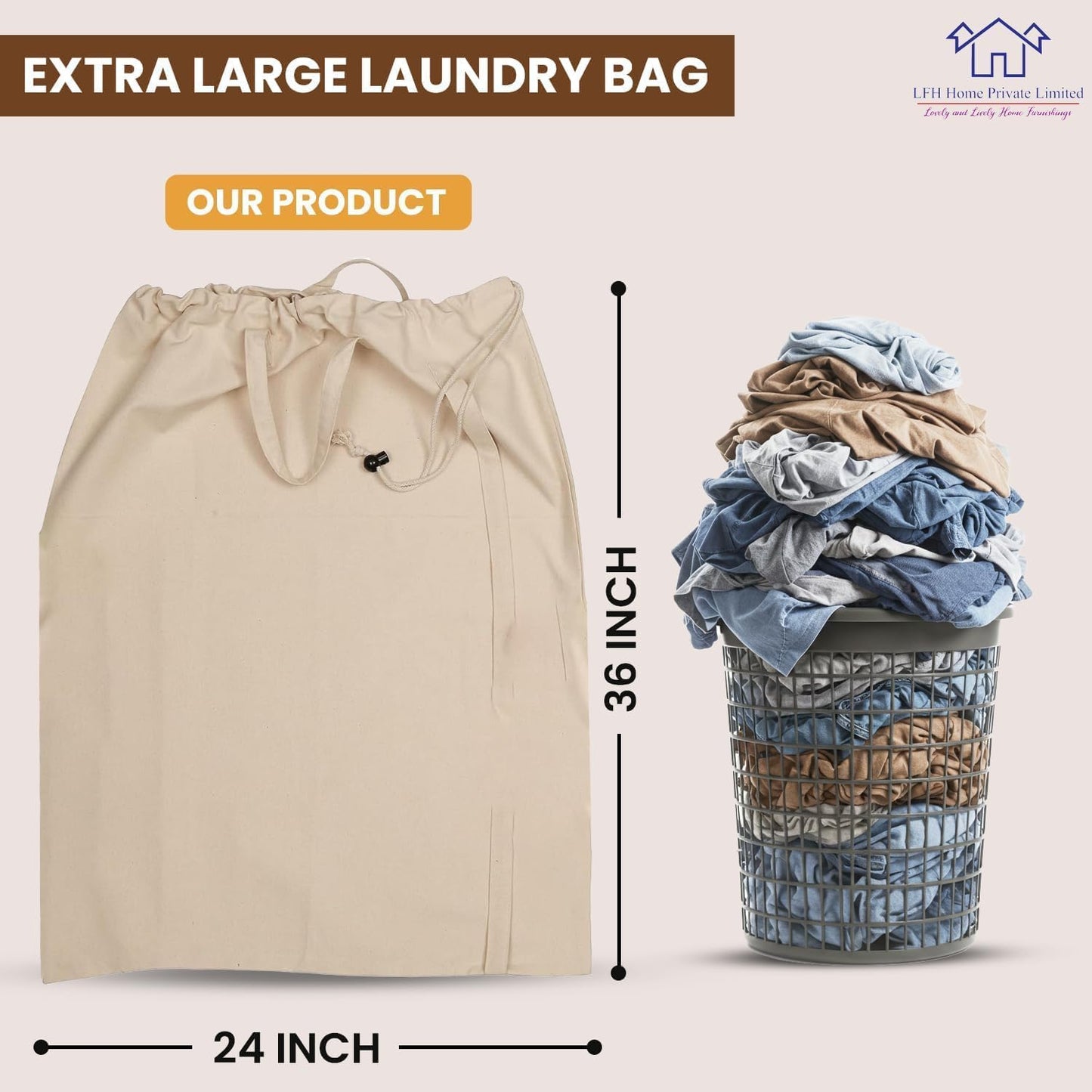 LFH Home Large Premium 100% Cotton Canvas Laundry Bag with Drawstring and Handles Heavy Duty, Multi-Use, and Washable for Home, Travel, College or Storage 24x36 (Pack of 4)-Natural