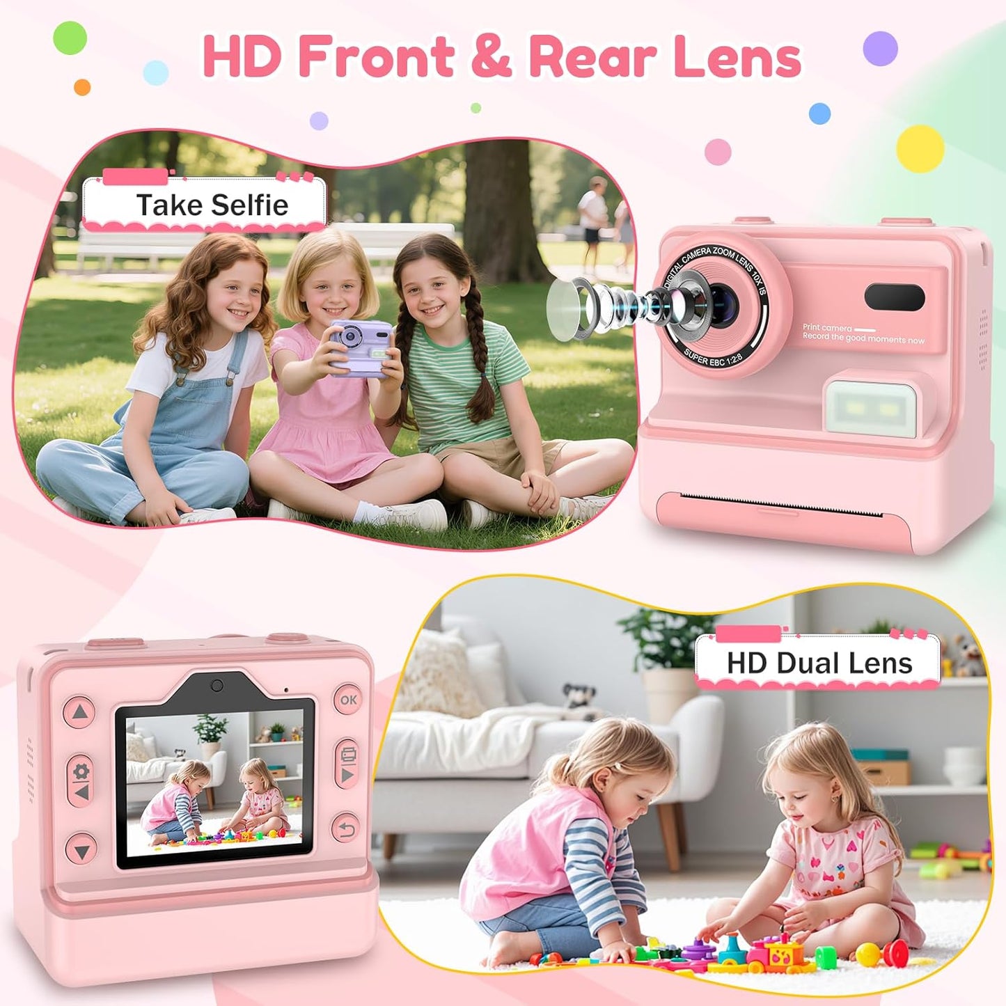 Kids Camera Instant Print, Dual-Lens Selfie Camera for Kids with 1080P Videos, 2.4 Inch Screen, 32GB SD Cards & 3 Rolls Print Paper, Christmas Birthday Gifts for Girls Age 3-12