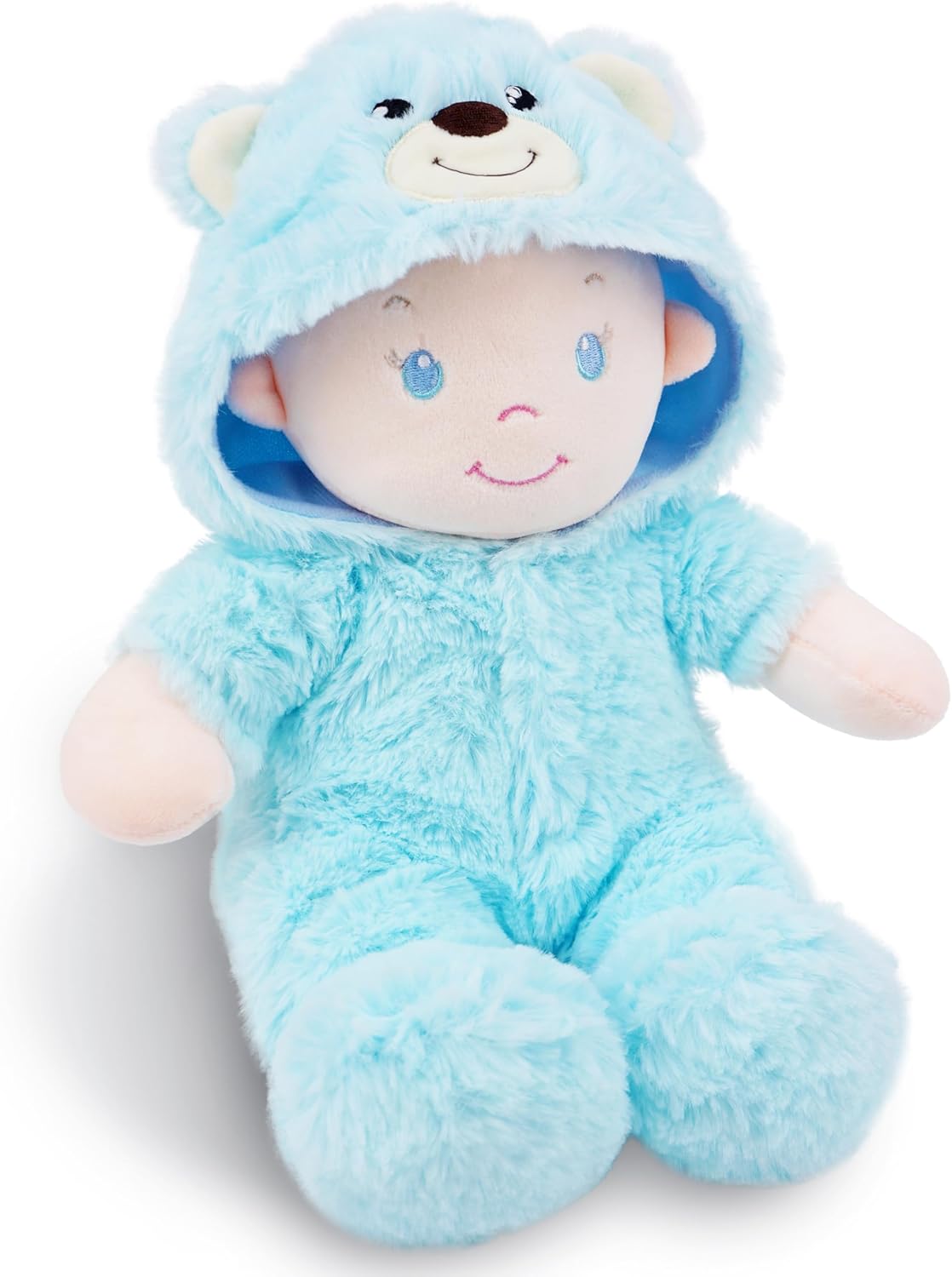 June Garden 12" Sweet Dolly Fuzzy - Stuffed Ultra Soft Baby Bear Doll for Birth and Up - Removable Blue Outfit