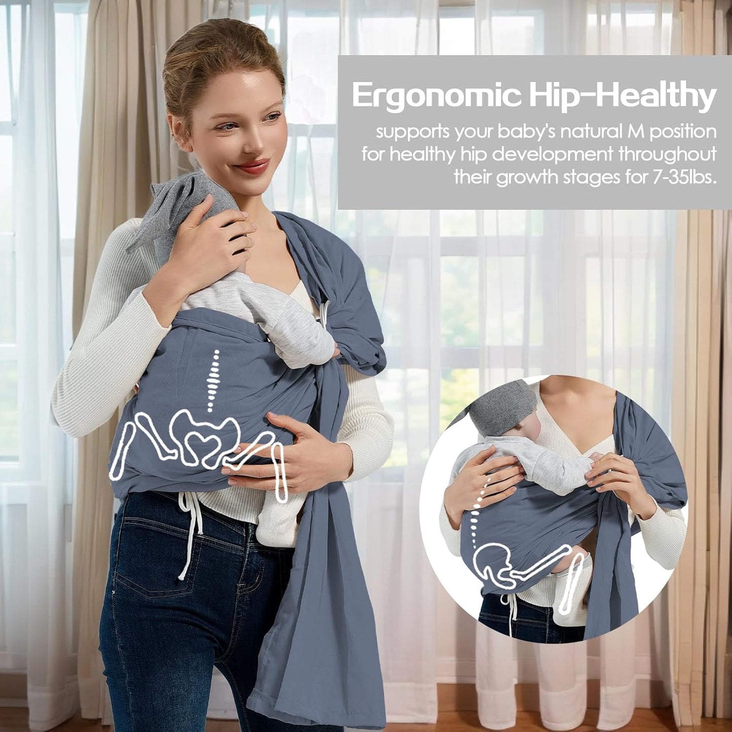 Baby Wrap Ring Sling 7-35 lbs, Baby Sling Carrier for Newborn, Toddler, Infant Holder, Lightweight Baby Carrier Wraps, Blue