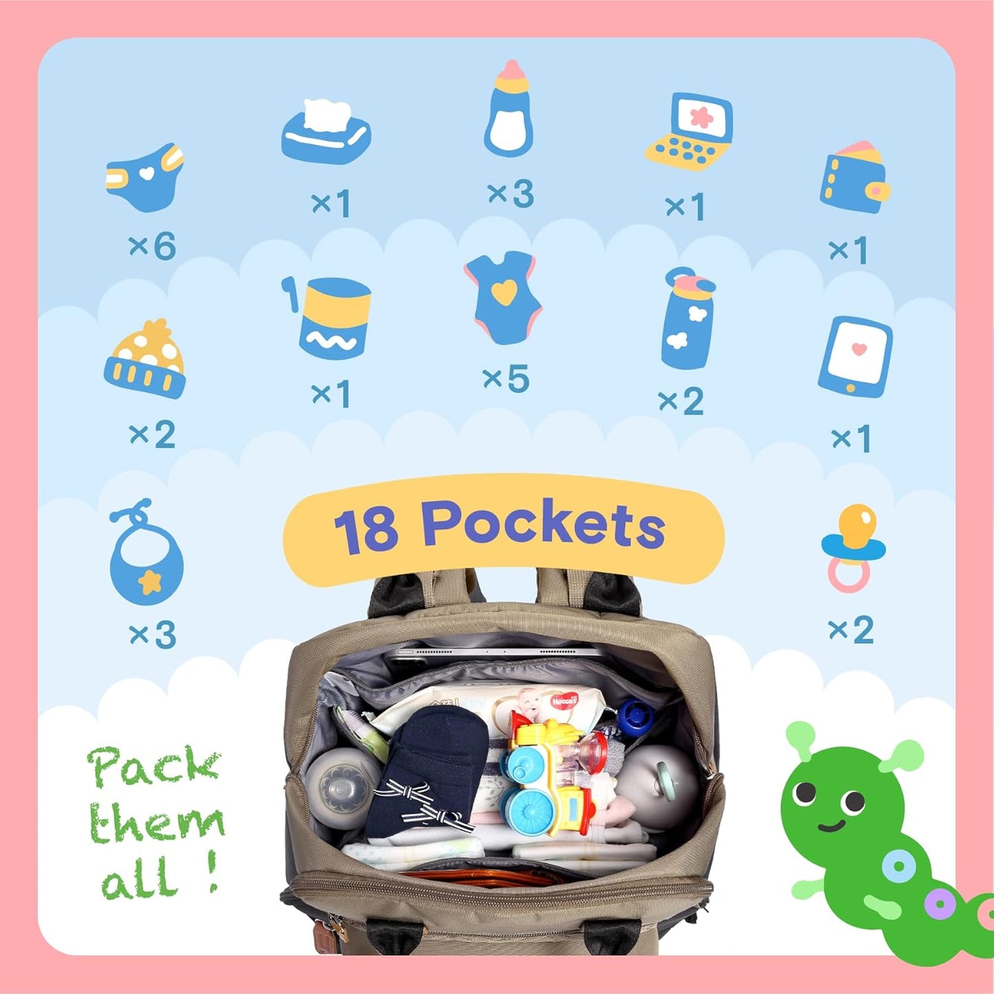 iniuniu Diaper Bag Backpack, 4 in 1 kit Large Unisex Baby Bags for Boys Girls, Waterproof Travel Back Pack with Diaper Pouch