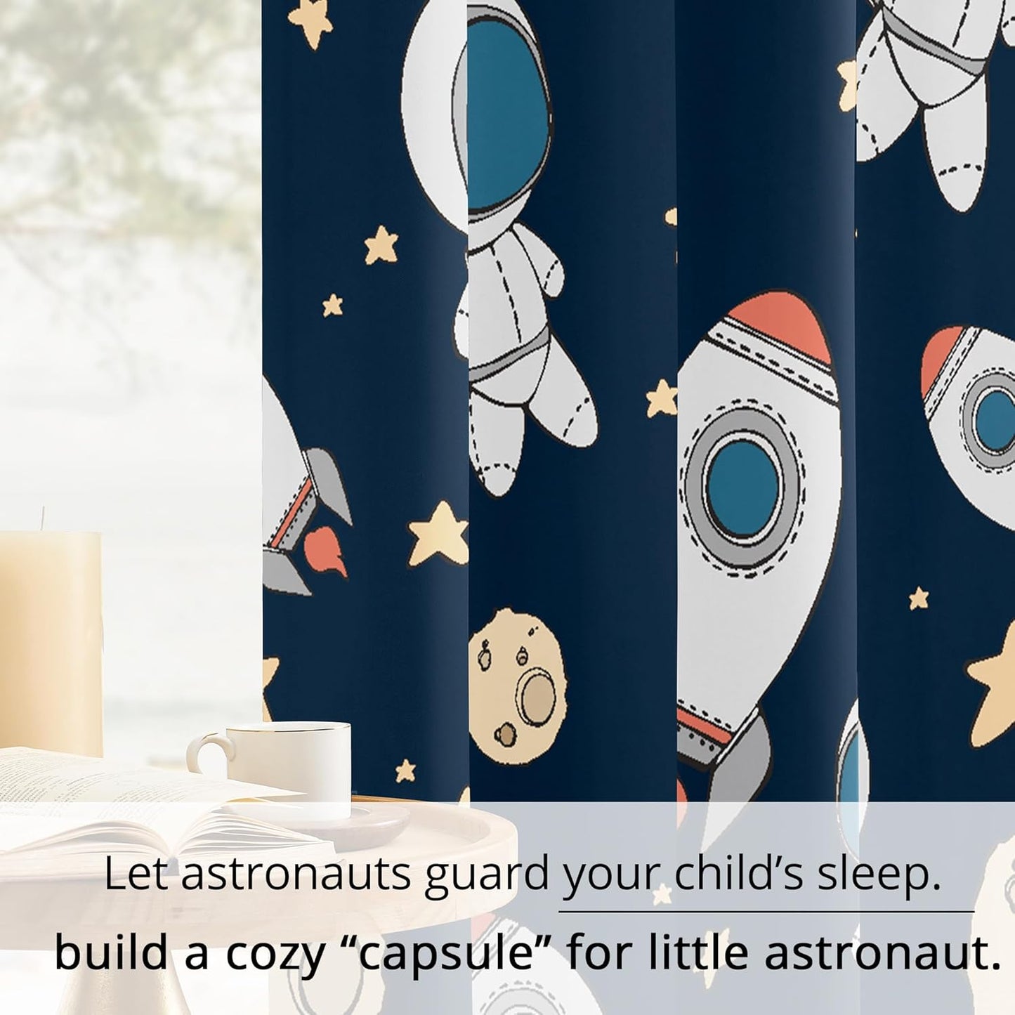 Kids Space Astronaut Planets Rockets Blackout Curtains - 100% Blackout, Thermal Insulated, Noise Reducing, for Kids Room and Nursery, 2 Panels (Astro Buddy Rockets, W52×L84)