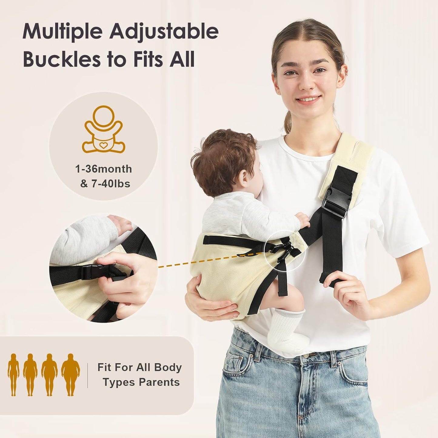 Toddler Sling Carrier, Easy to Wear Baby Carrier Sling 7-40 lbs, Adjustable Lightweight Baby Wrap Sling, Perfect Toddler Hip Carriers One Size Fits All, Beige