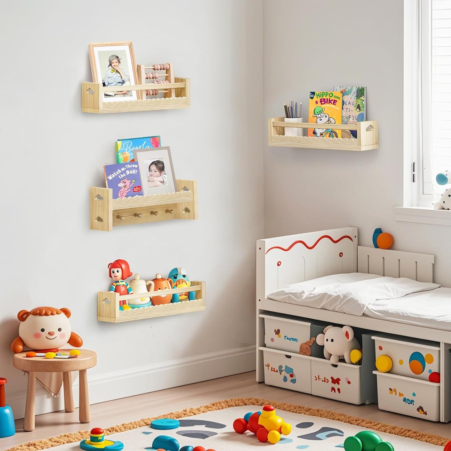 Idefair 16.5 Inch Floating Nursery Book Shelves Set of 4, Kid's Bookshelf for Wall, Natural Wood Toddler Room Decor and Storage Hanging Organizer