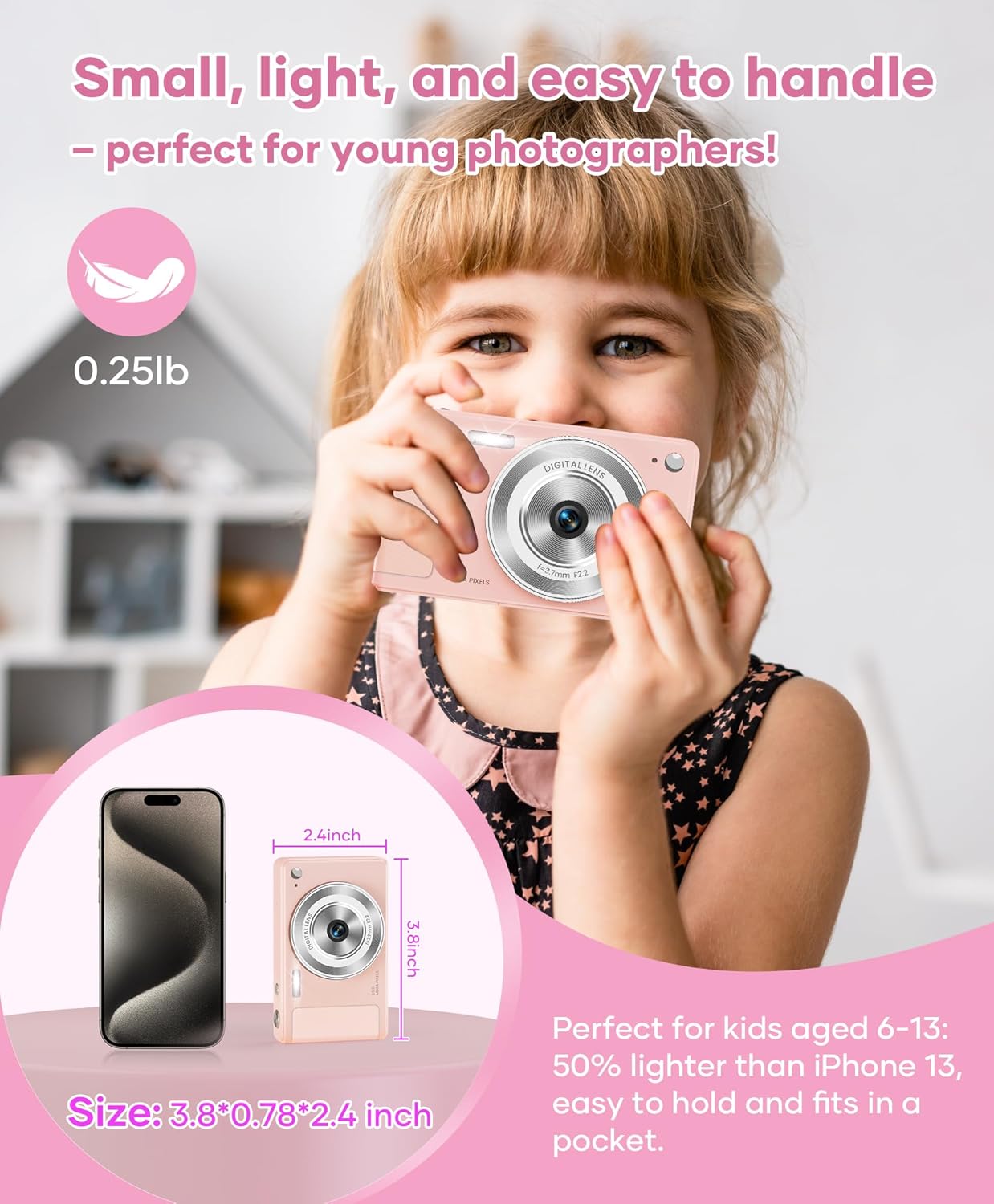 WONNIE Digital Camera 56MP, FHD 1080P Point & Shoot Camera with 32GB SD Card, 2 Batteries, and Lanyard, Ideal for Kids & Teens, Suitable Gift for Girls Pink, 3-Pack