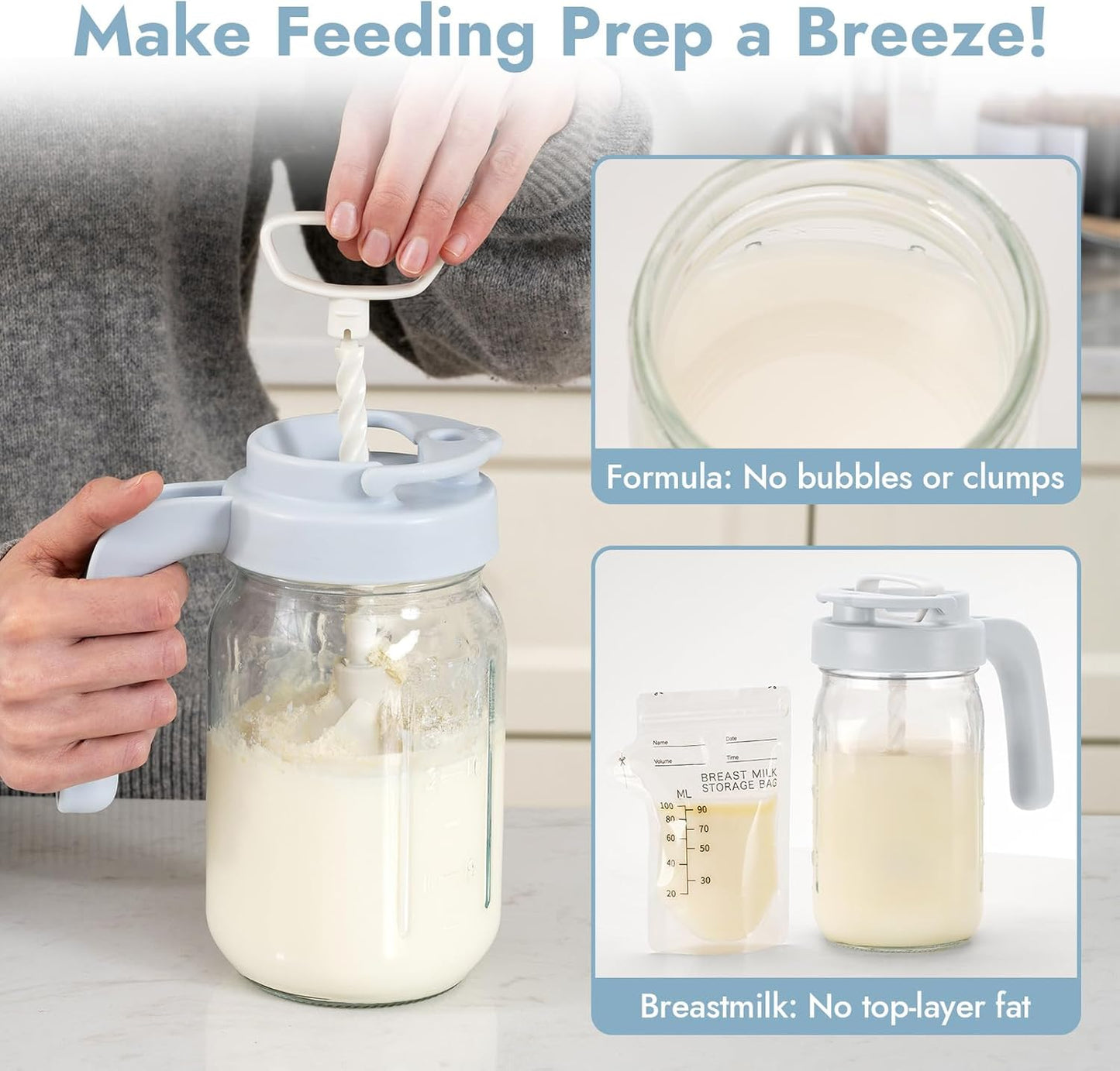 Papablic 32oz Formula Mixing Pitcher Lid, Breastmilk Pitcher Mixing Handle & Flip Locking Spout for Mixing Formula/Breastmilk/Protein Powder/Coffee, Blue