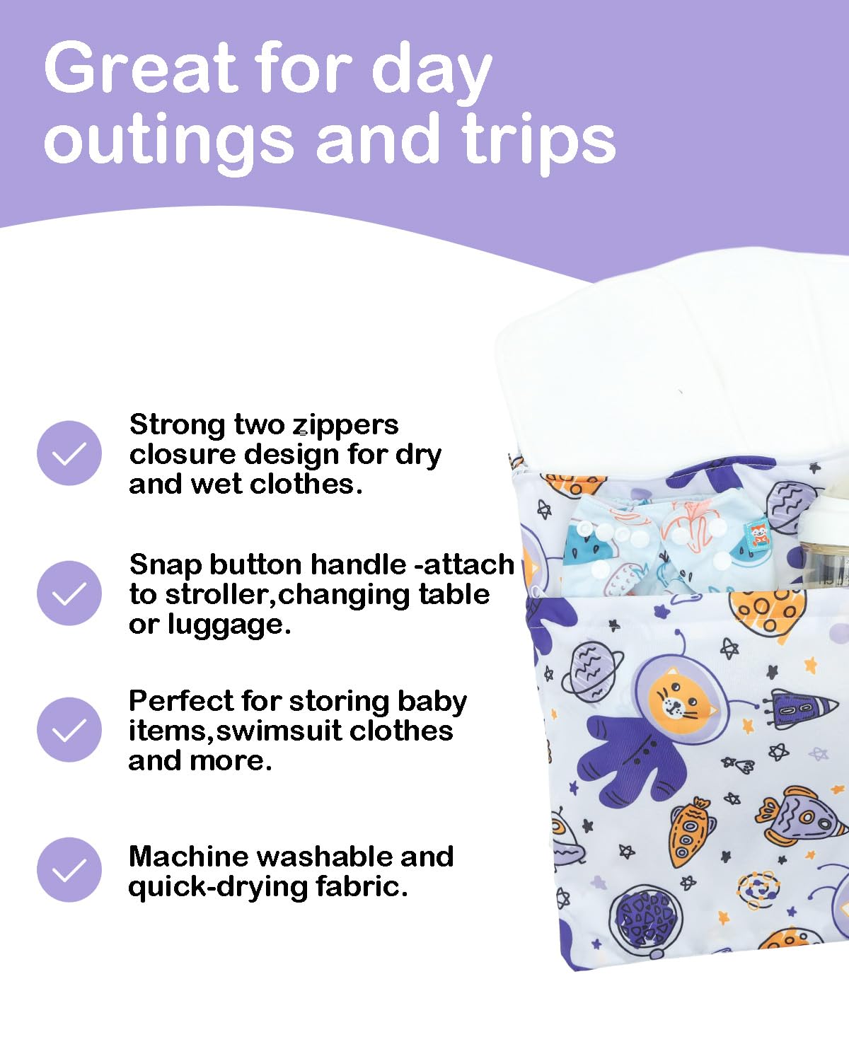 ALVABABY 3 Cloth Diaper Wet Dry Bags Waterproof Reusable with Two Zippered Pockets Travel Beach Pool Daycare Soiled Baby Items Yoga Gym Bag for Swimsuits or Wet Clothes Small Medium Large 3L-ZM28