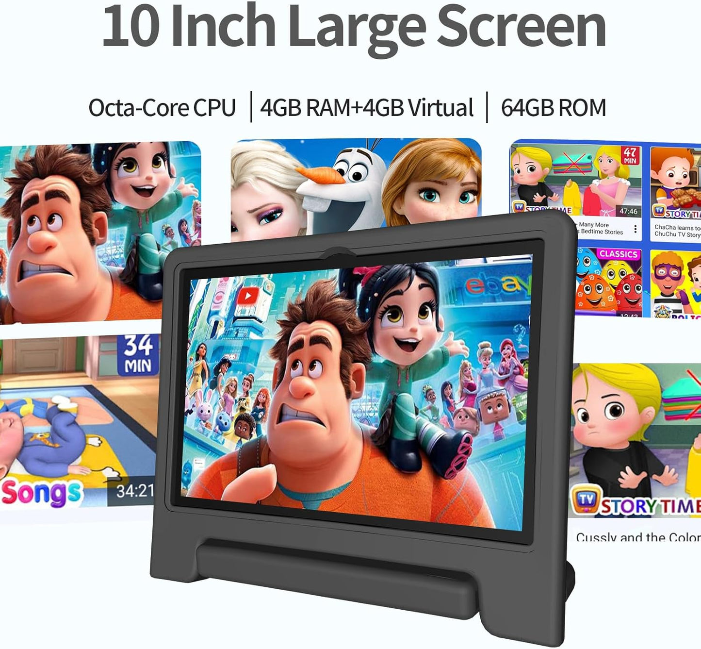 JREN Tablet for Kids｜10 Inch Kids Tablet Android 14｜Octa-core｜64GB｜WiFi ｜Bluetooth｜Parental Control｜Children Content｜Children Toddler Black