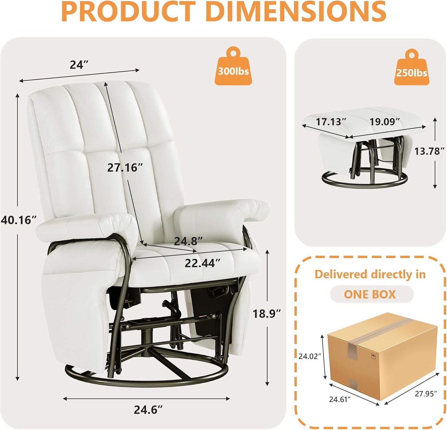 JIASTING 360° Swivel Leather Recliner Chair with Ottoman & Double Side Pockets, Nursing Glider Rocking Recliner Chair, Gliding Chairs for Nursery, Living Room, Office, Bedroom, Metal Frame (White)