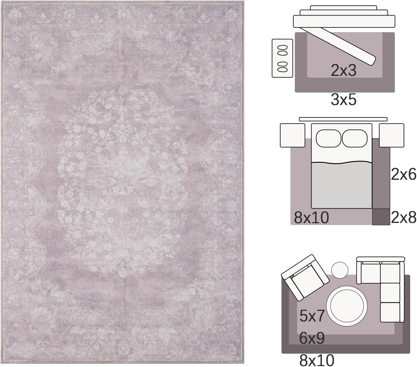 jinchan Vintage Floral 4x6 Area Rugs - Machine Washable Distressed Design Soft Ultra-Thin Low-Pile Non-Slip Carpet for Entryway Kitchen Bedroom Nursery Living Room Dining Room (4x6ft,Orchid)