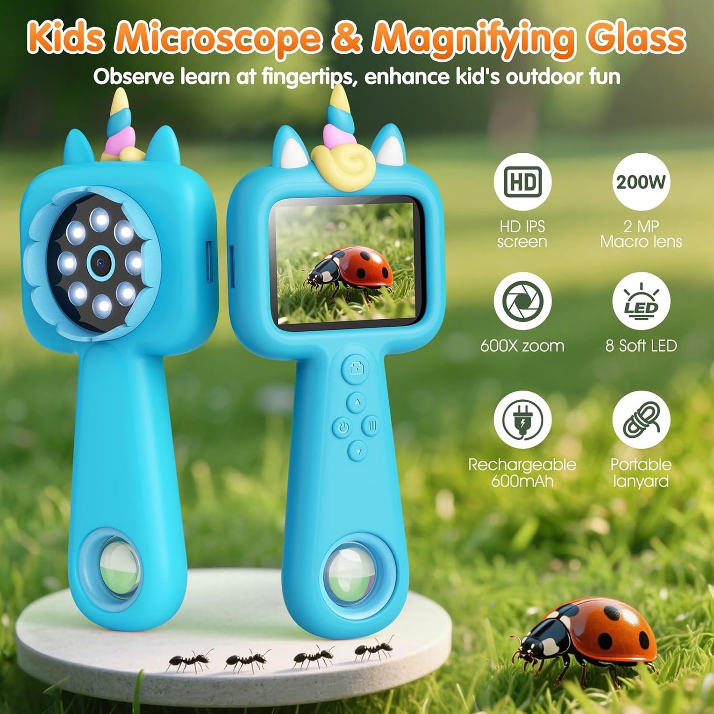 Pocket Microscope for Kids, 2.4" Screen 600X Portable Digital Microscope Handheld, STEM Educational Science Kit Toys for Age 3 4 5 6 7 8 9 10 11 12 13 Years Old Kids Christmas Birthday Gifts