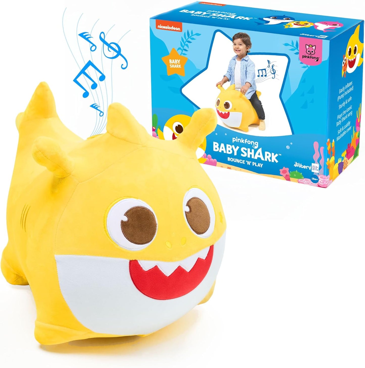 JITTERYGIT Baby Shark Official Bouncy Hopper Plush Musical Singing Toy - Inflatable Animal Ride On for Indoor & Outdoor - Birthday Gift for Kids & Toddlers (Boys & Girls) Ages 18+ Months (Yellow)