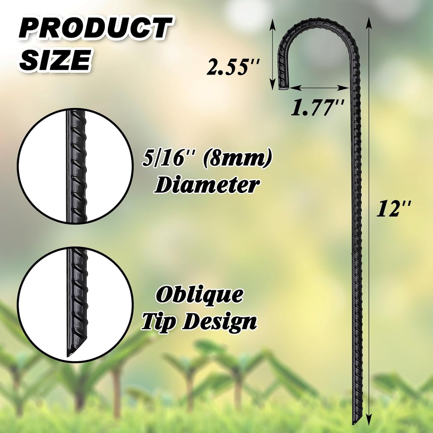 FEED GARDEN 12 Inch 8 Pack Rebar Stakes Heavy Duty J Hook, Galvanized Ground Stakes Tent Stakes Steel Ground Anchors, Chain Link Fence Stakes, Trampoline Stakes, Black