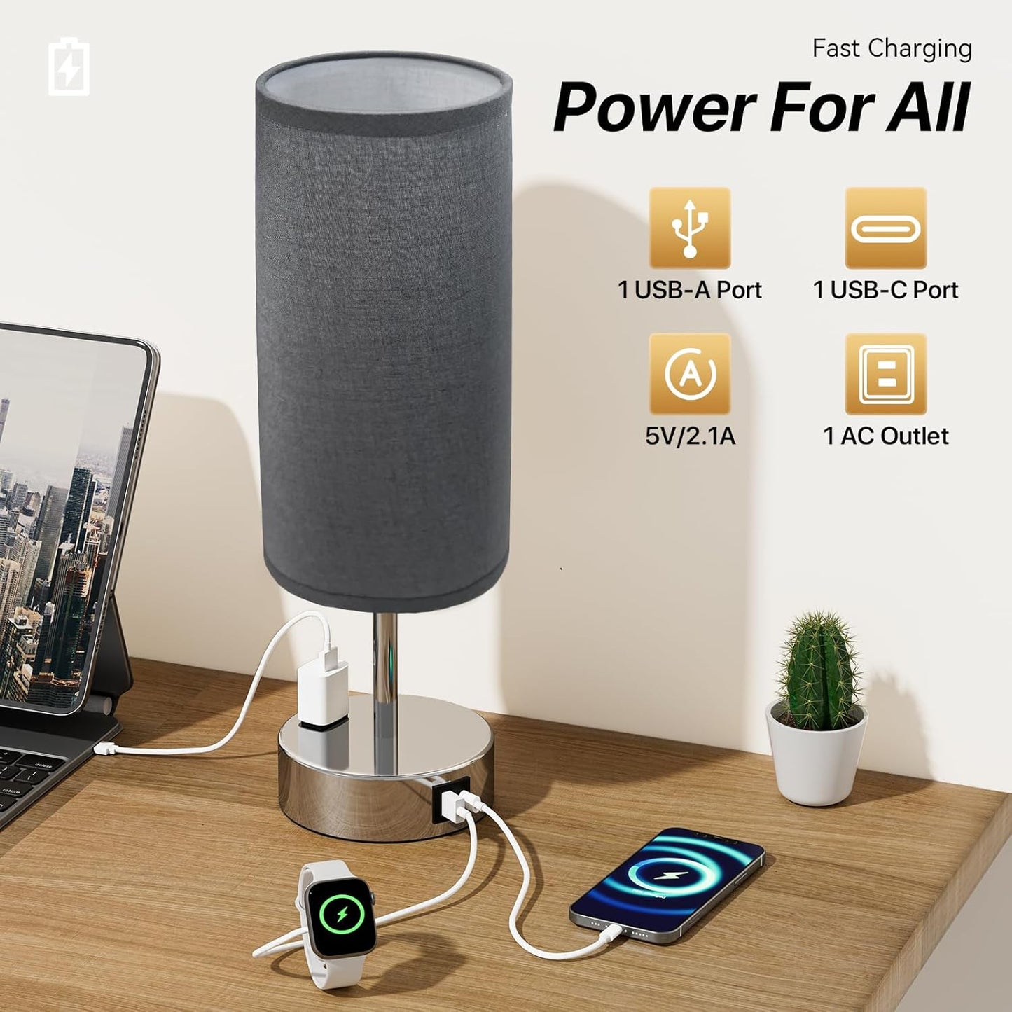 KPQ Small Bedside Lamp Touch Control Table Lamp with USB A+C Charging Ports & AC Outlet 3-Way Dimmable Nightstand Lamp with Linen Fabric Shade for Bedroom Living Room
