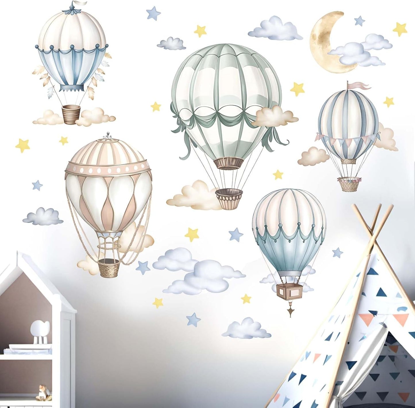 Baby Balloon Wall Stickers for Nursery: Kids Boys Girls Bedroom Wall Decals - Hot Air Balloon Stars Cloud