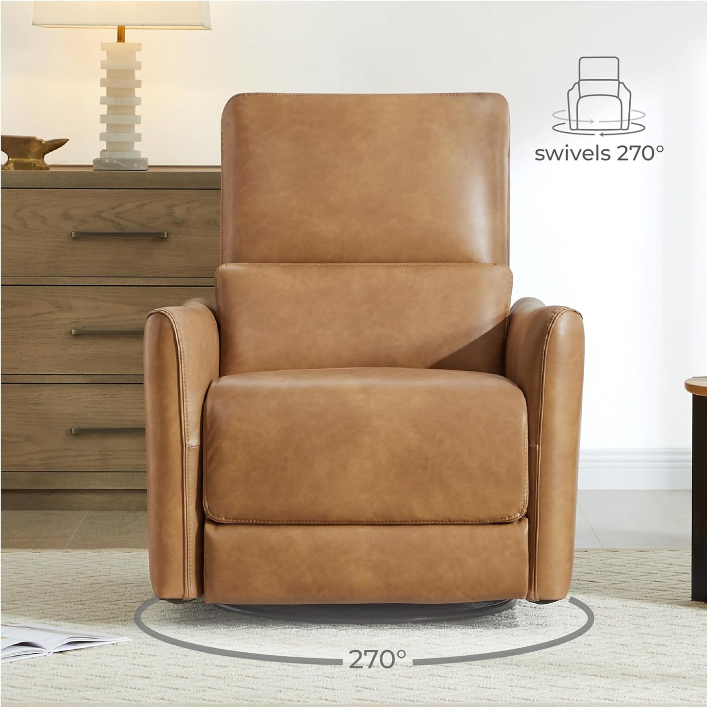 CHITA Power Recliner Chair Swivel Glider, FSC Certified Upholstered Faux Leather Living Room Nursery Reclining Sofa Chair with Lumbar Support, Cognac Brown