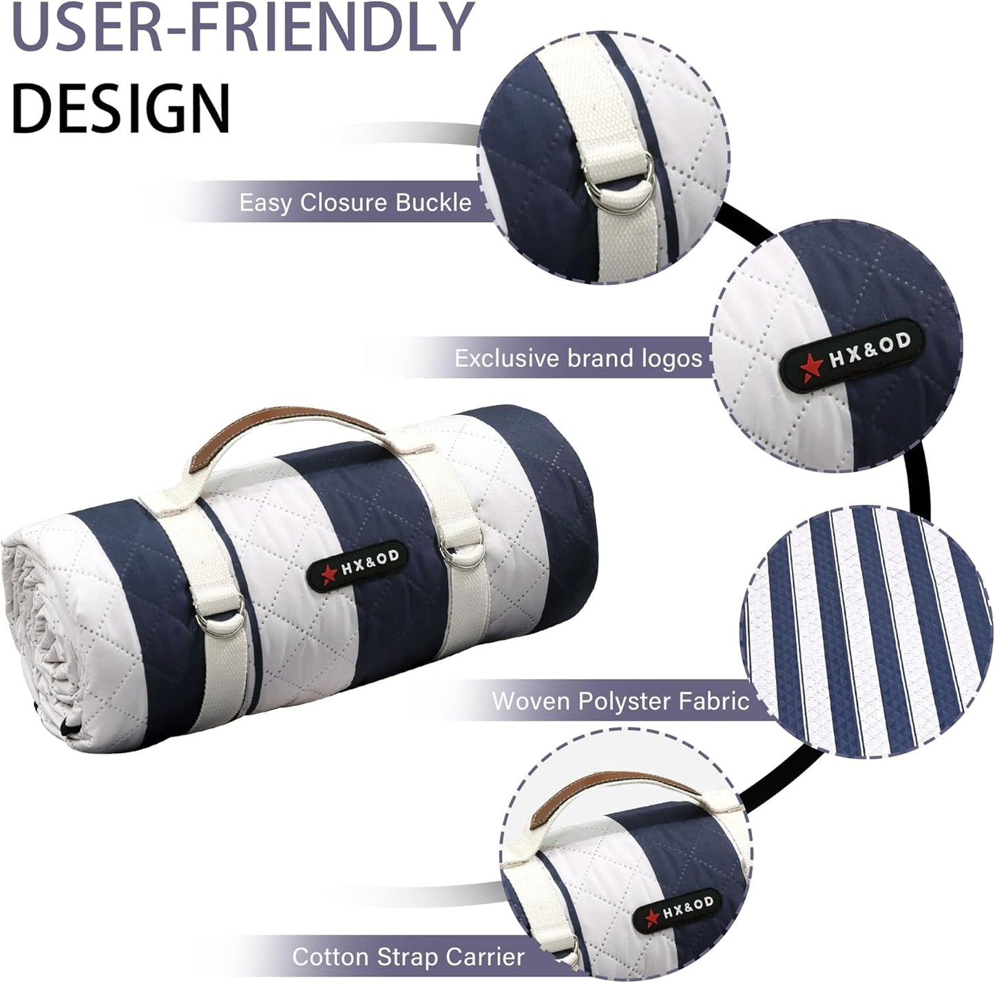 HX&OD Outdoor Picnic Blanket Extra Large, 80''*80'' Waterproof Picnic Mat with Stakes Foldable Camping Blanket Portable with Carry Strap for Beach Mat (Blue& White, 80''*80'')