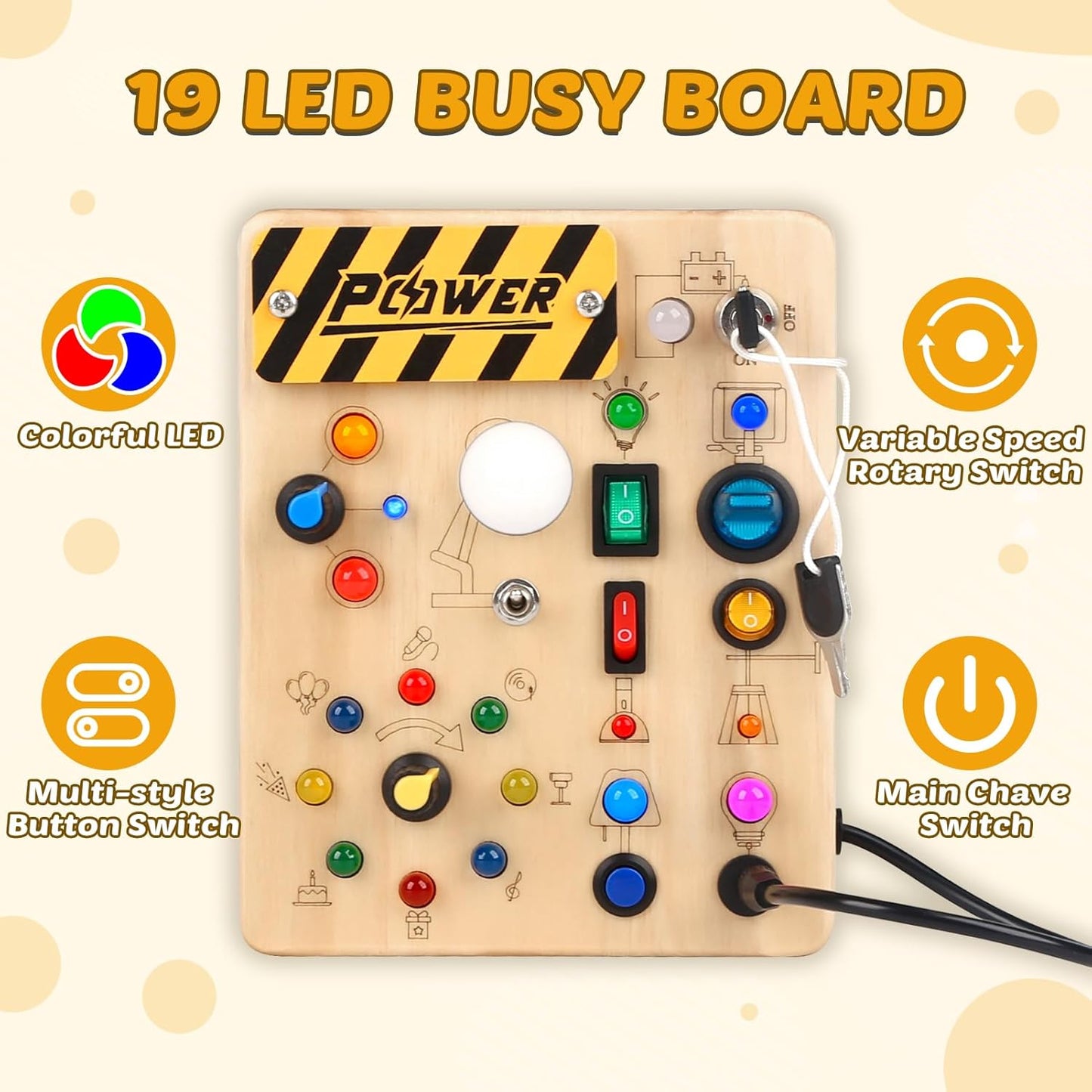 Joyreal Montessori Toddler Busy Board, 19 Led Wooden Sensory Board Educational Toy, Montessori Toys for 1-6 Year Old, Travel Toys Gifts for Toddlers Boys and Girls