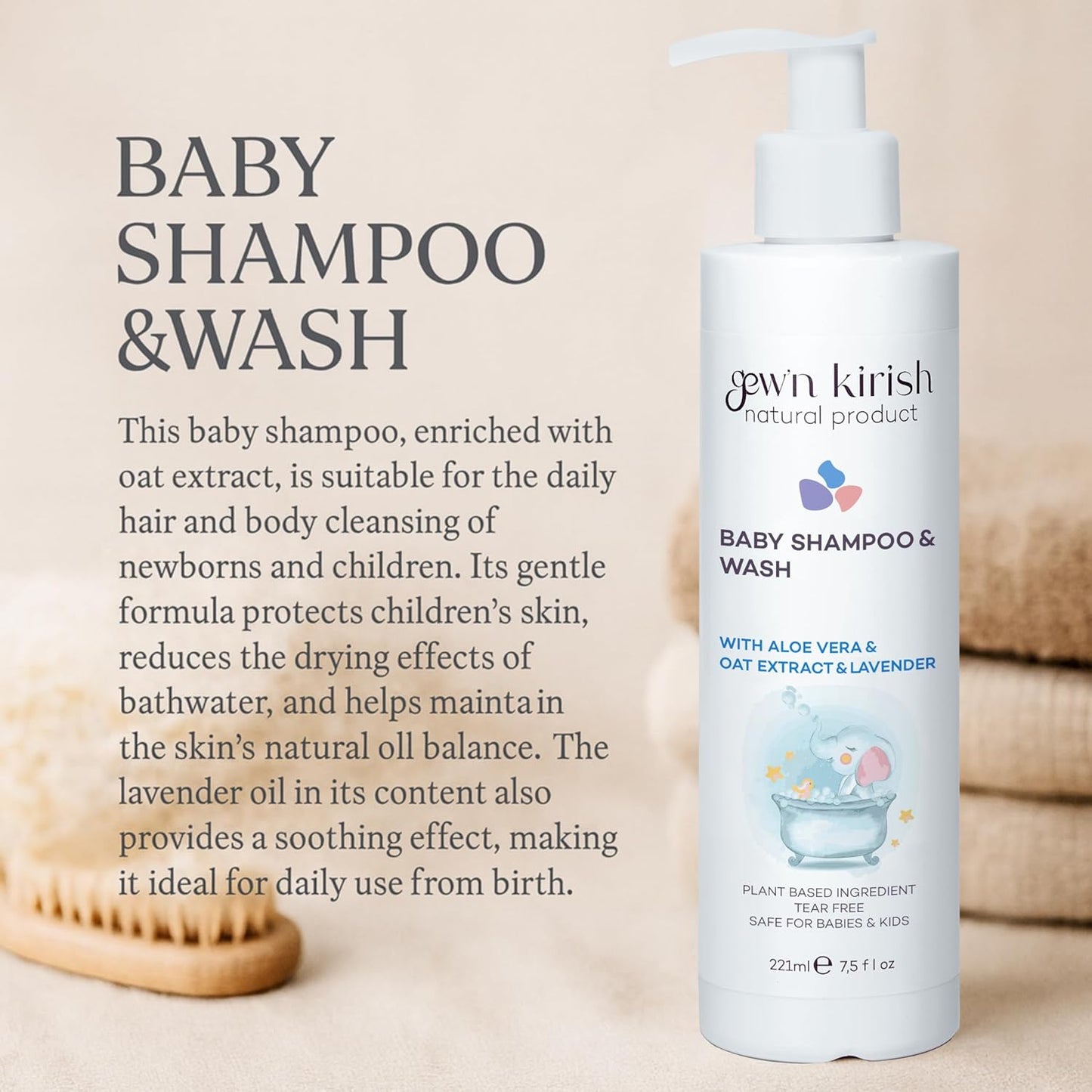 Gew’n Kirish Natural Baby Shampoo & Body Wash – Tear-Free, Hypoallergenic Cleanser with Lavender Oil, Aloe Vera & Oat Extract, Plant-Based, Vegan, Sulfate-Free Formula, 7.5 fl oz