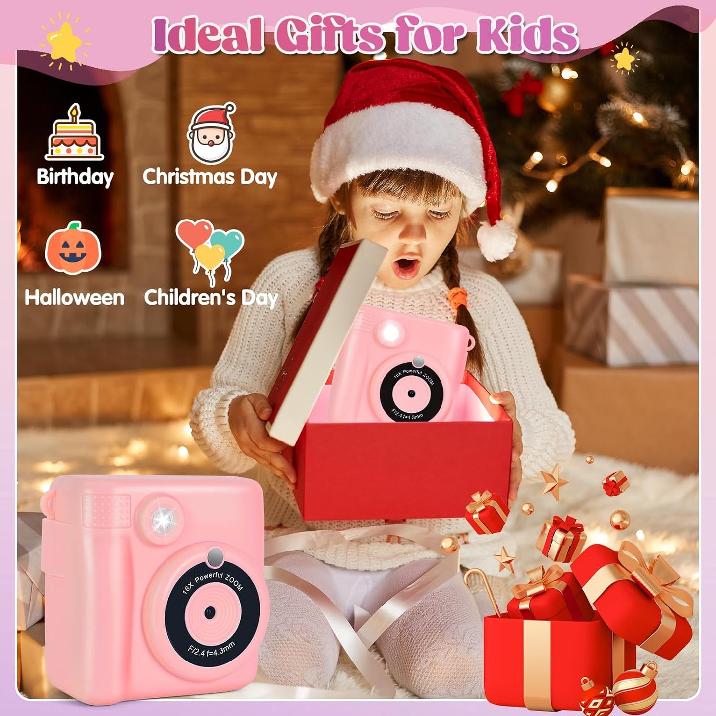 Instant Print Camera for Kids - 2.4 Inch Kids Camera Instant Print with Paper & 32G Card- Digital Children Toys as Christams Birthday Gifts for Girls Boys Age 3-12 - Pink