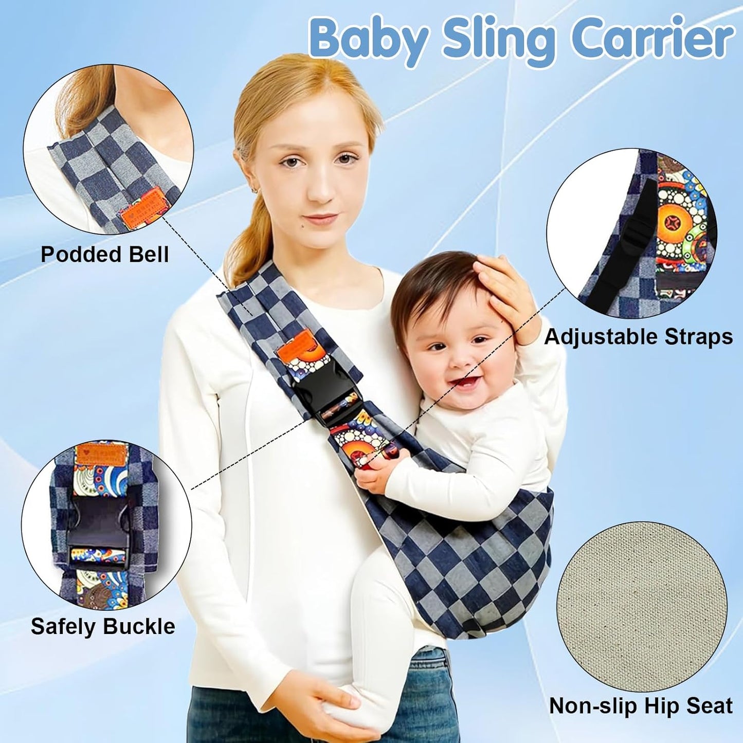 Baby Sling Carrier 2025 Baby Carrier Newborn to Toddler Sling Lightweight Baby Carrier Sling with Adjustable Straps Toddler Carrier Baby Wrap Sling for 10-30 lbs(Square)