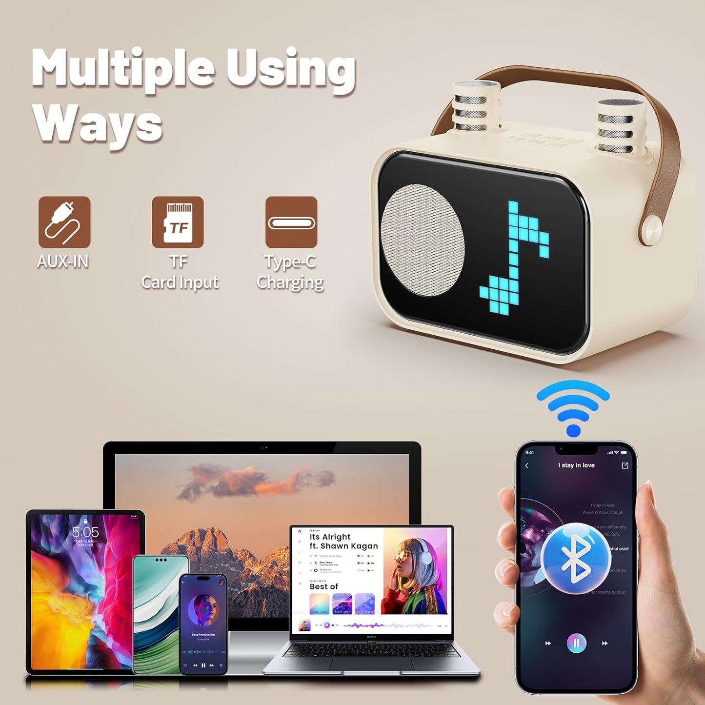 Karaoke Machine for Kids Adults, Portable Bluetooth Karaoke Speaker with 2 Wireless Microphones, Pixel Display Light, Birthday Gifts Toys for Girls & Boys Ages 3, 4, 5, 6, 7, 8, 9,10,11,12+ Years