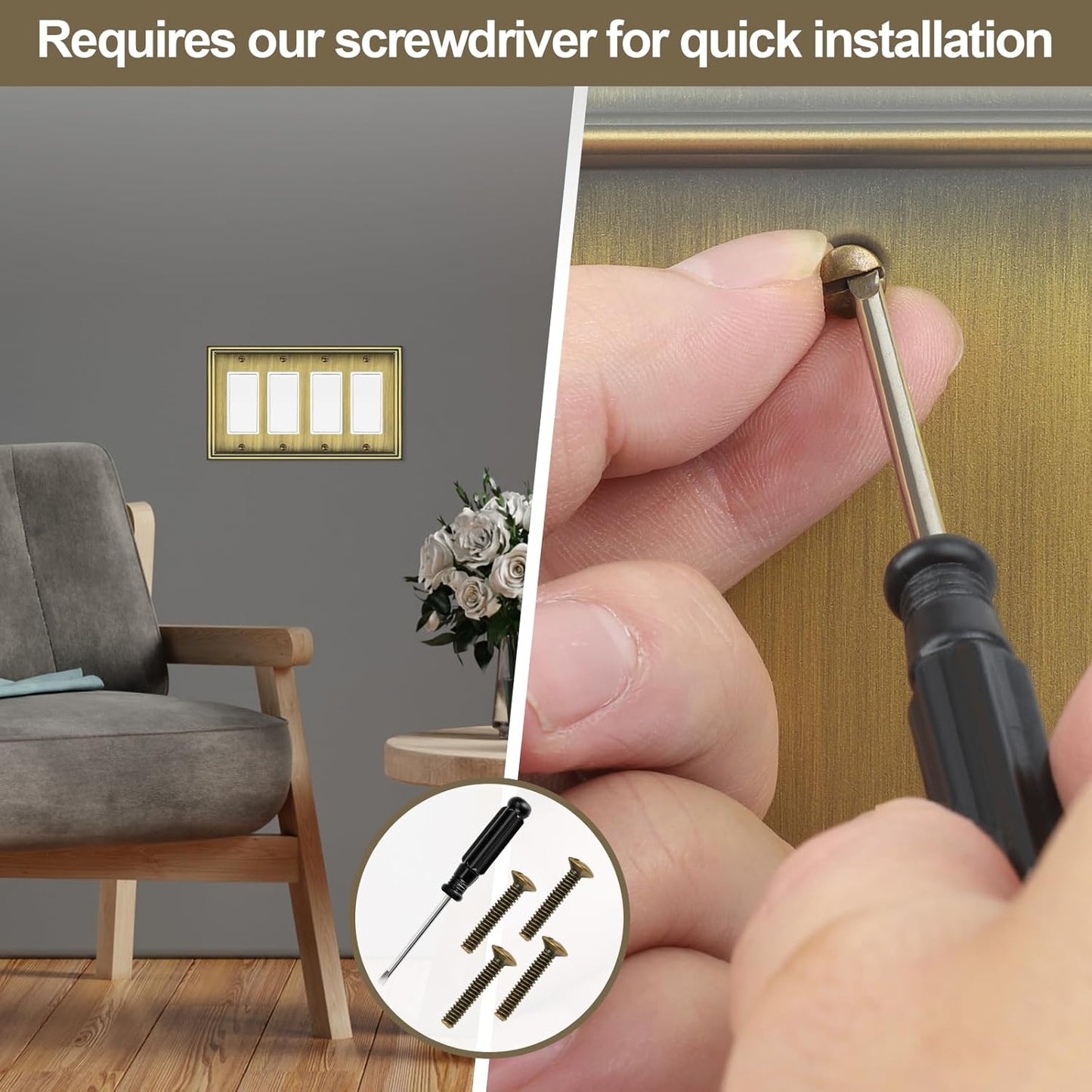 2 Pack Quad Decorator Switch Covers Wall Plate, Antique Brass Metal Material Rocker Switch Plates, 4 Gang Wall Plate for Receptacle, GFCI Outlet, Dimmer Switch - Classic Style