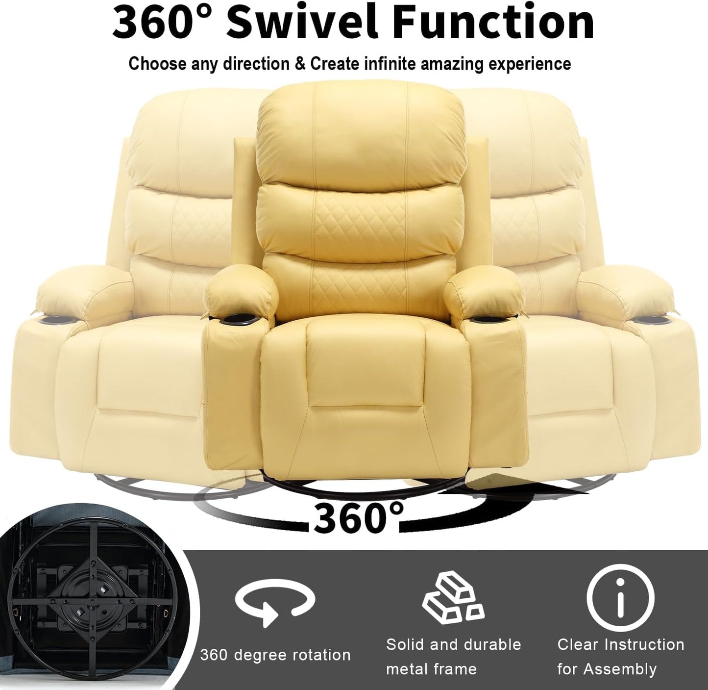 KCQ Massage Swivel Rocker Recliner Chairs with Heat Cup Holders Faux Leather Overstuffed Manual Reclining Chair Rocking Glider Chair for Adults, Yellow