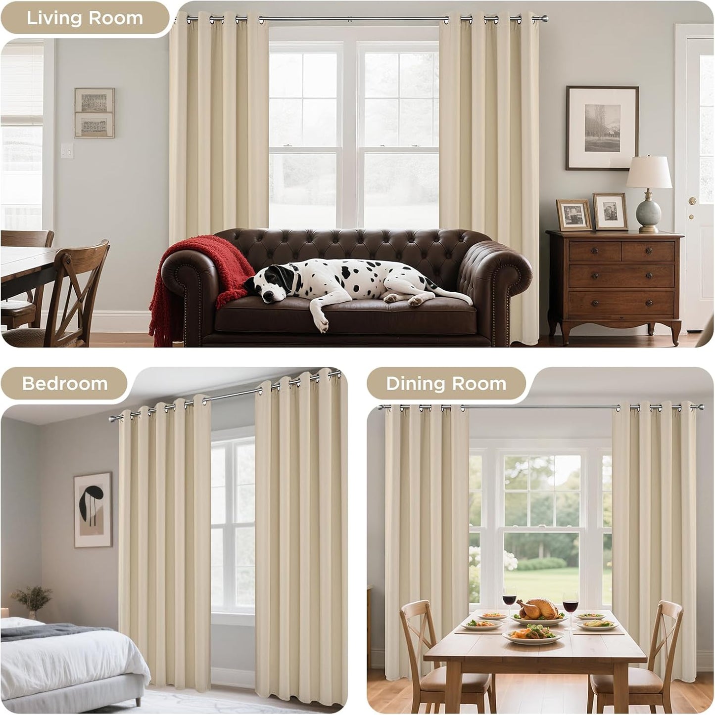 Joydeco Blackout Curtains 90 Inch Length 2 Panels Set, Thermal Insulated Long Curtains& Drapes 2 Burg, Room Darkening Grommet Drapes for Living Room Bedroom Window (W52 x L90 Inch, Light Beige)