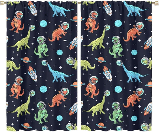 Cartoon Dinosaur Curtains for Kids Boys Girls Home Decor, Astronaut Rocket Funny Outer Space Blackout Rod Pocket Window Drapes for Bedroom Living Room W36xL63in 2 Panels