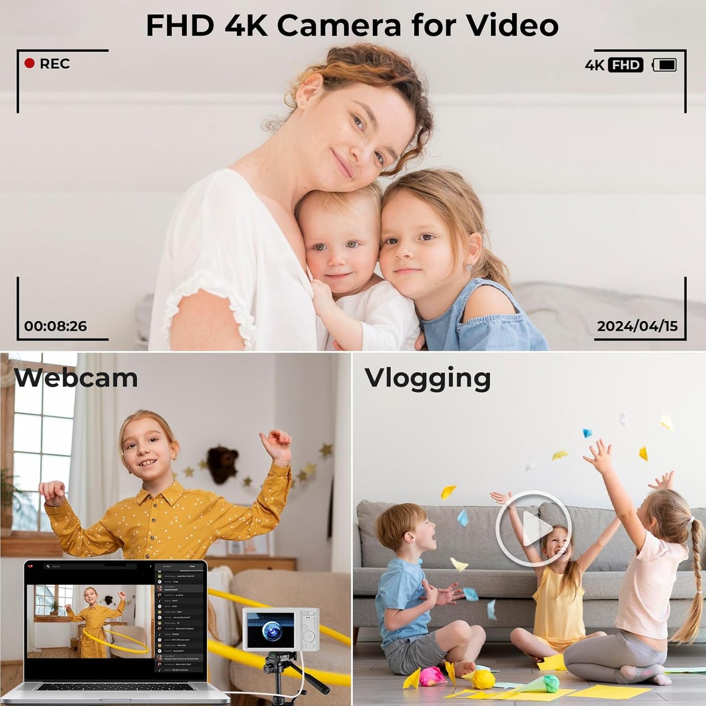 Digital Camera, 44MP 4K Auto Focus Point and Shoot Kids Video Camera with 64GB SD Card 2 Batteries 16X Digital Zoom Compact Portable Small Camera Gifts for Teens Kids Boys Girls(White)