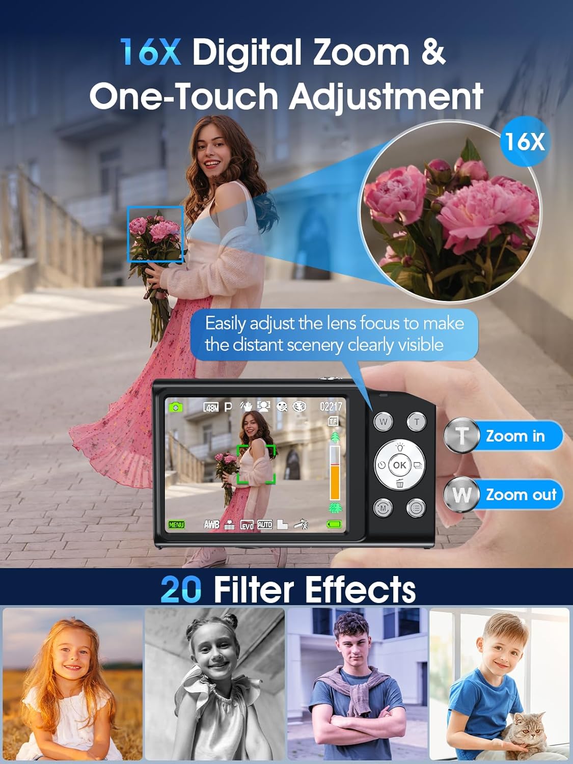 Digital Camera,Autofocus 4K Vlogging Camera for Photography with 32GB Card,48MP Portable Compact Point and Shoot Digital Camera for Teens Adult Beginner with 16X Zoom,Anti-Shake,2 Batteries(Black)