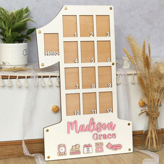 Personalized My First Year Photo Frame | 12 Months Picture Frame For Baby First Year | Displays Thirteen 2x3 Pictures And Birth Stats, Location | Birthday Party Decor Newborn Memory Keepsake