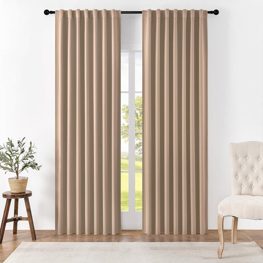 Joydeco 90 Inch Curtains for Bedroom, Blackout Curtains 90 Inches Long, Room Darkening Drapes for Living Room Window Rod Pocket Back Tab (W52 x L90 Inch, Khaki)