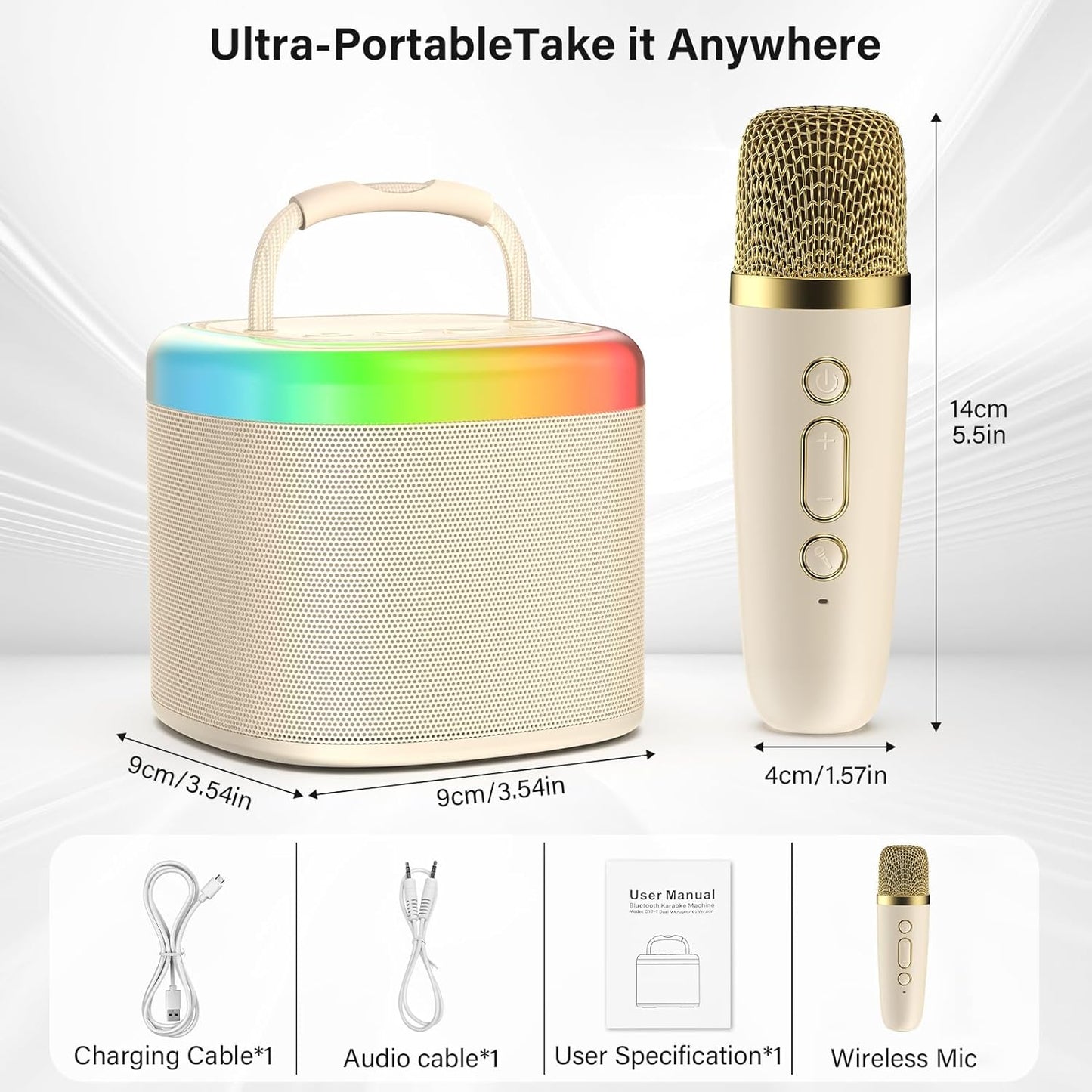JYX Mini Karaoke Machine for Kids - Beige Bluetooth Speaker with Party Lights and 1 Wireless Microphone, Great for Kids and Adults, Ideal for Family Home Parties and Birthday
