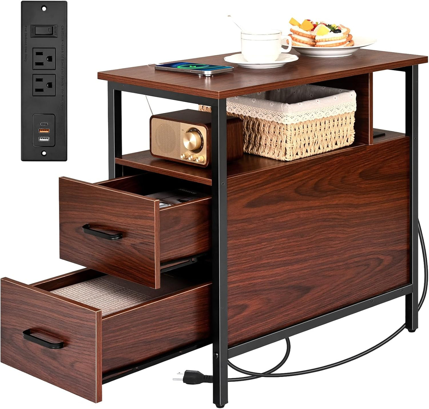 Narrow Side Tables with Charging Station, Narrow End Table with Wooden Drawers, USB Ports and Power Outlets, Nightstand and Bedside Table for Bedroom, End Tables Living Room, Espresso