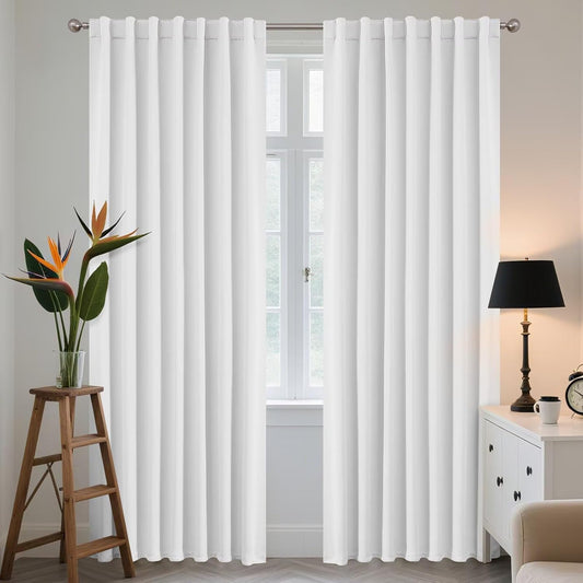Joydeco 96 Inch 60% Blackout White Curtains 2 Panels, Elegant Semi Sheer Curtains for Bedroom, Thermal Insulated Black Out Drapes for Living Room, Rod Pocket Back Tab Drapes(W52 x L96 Inch,Pure White)
