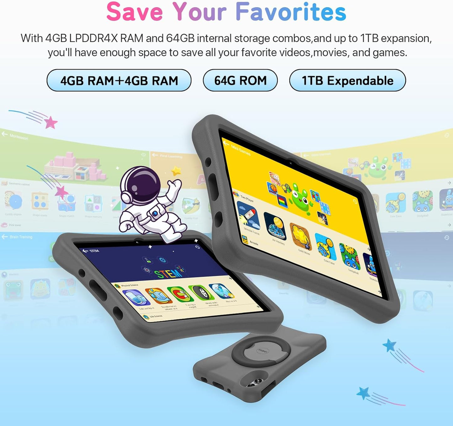 UMIDIGI Kids Tablet, G1 Tab Android 13 for Kids, 10.1", 4+4G+64G up to 1TB, WiFi 6, 8MP+8MP Dual Camera, Quad-Core, 6000mAh, BT5.0, TÜV Eye Bluelight Tablet Android, Parental Control