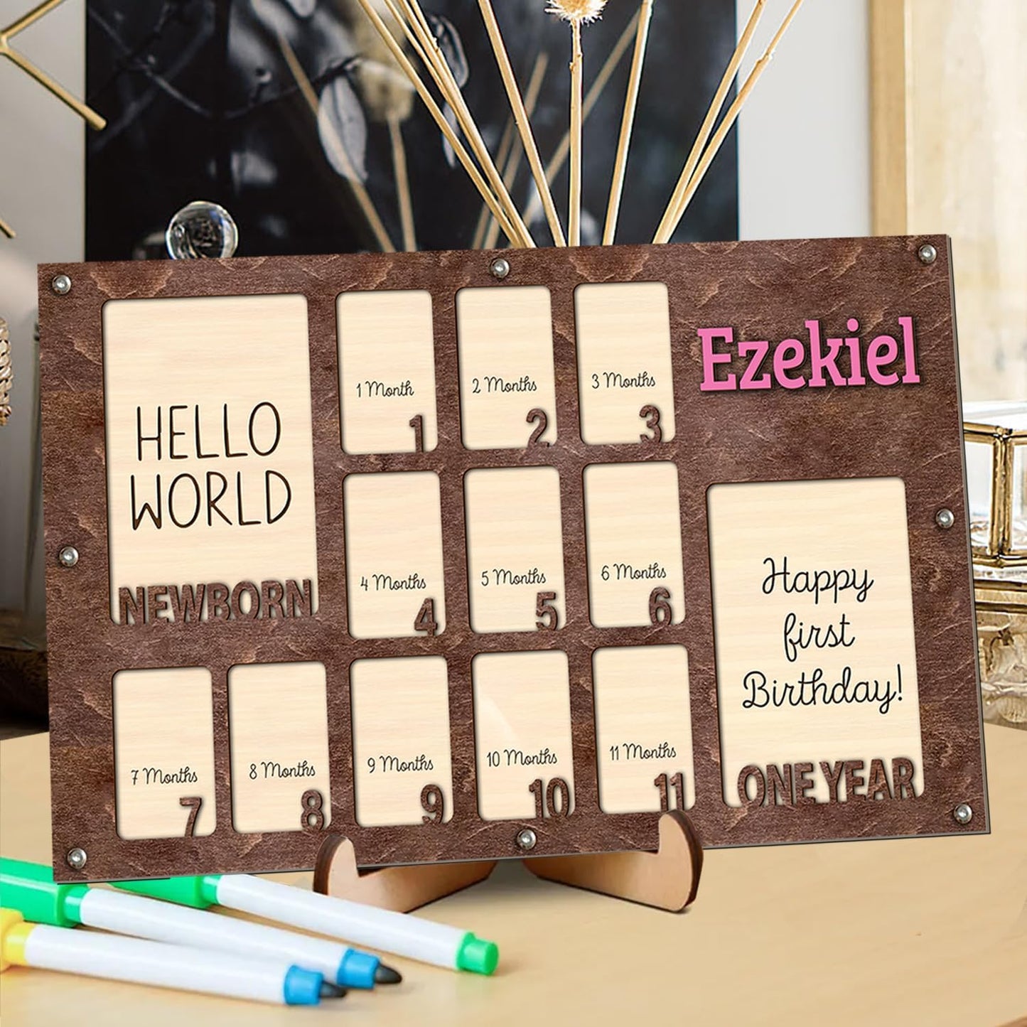 Personalized My First Year Photo Frame | 12 Months Picture Frame For Baby First Year | Displays Two 4x6 Photo and Twelve 2x3 Pictures | Birthday Party Decor Newborn Memory Keepsake, Style MP6